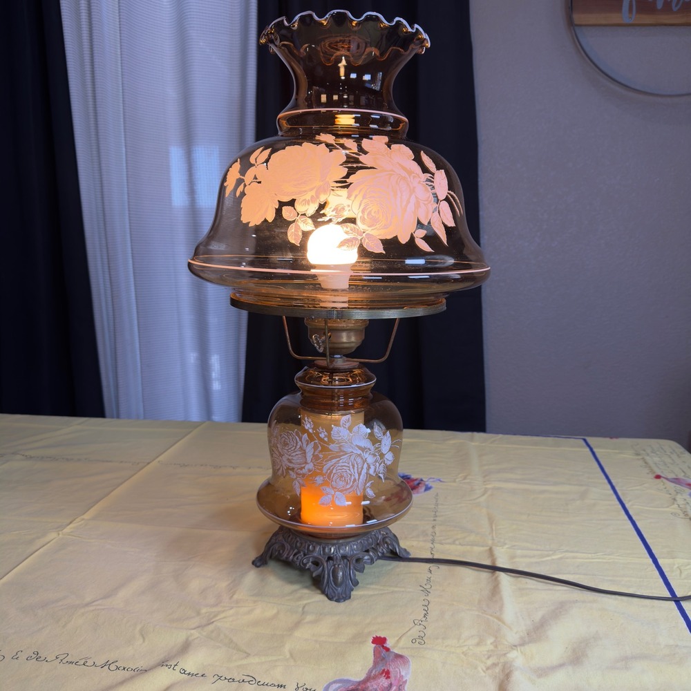 VTG 70s Plymouth Harlee Amber Glass Hurricane Lamp Frosted Rose Floral 3-Way 25"